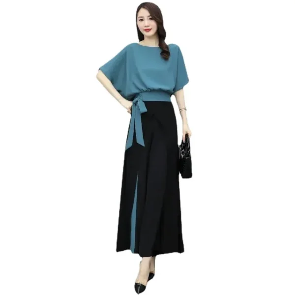 Elegant Stylish Women's Bell Bottom Suit 2024 Summer New Arrival Age-reducing Fashionable 2-piece Set Yellow Blue - Image 5