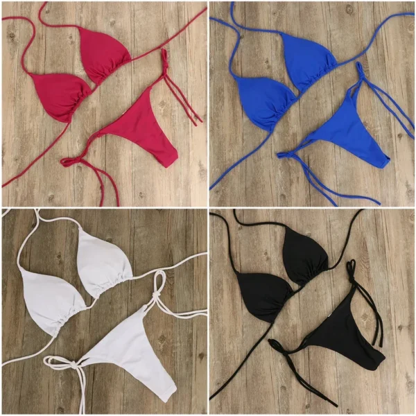 Solid Color Hanging Neck Style Lace-Up Bikini Women's Adjustable Triangle Beach Swimsuit No Steel Bracket No Chest Pad - Image 3