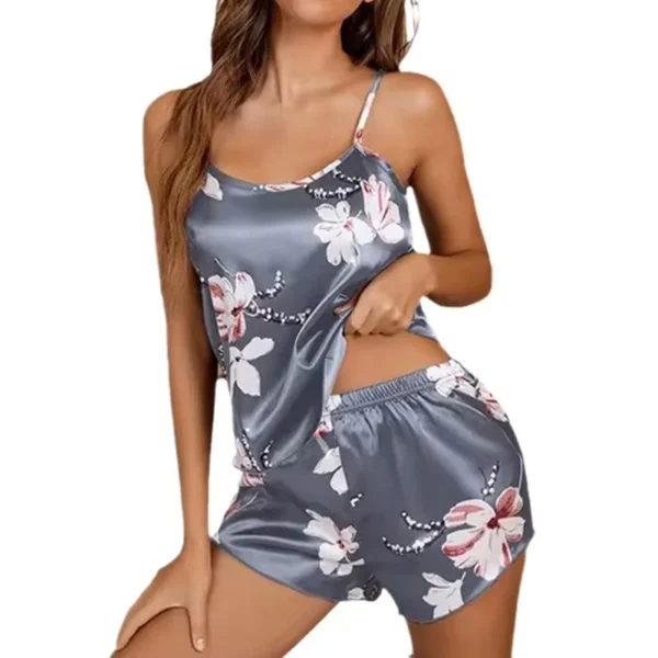 Women's Sexy Suspender Printed Vest Sleepwear Satin Short Camisole Shorts Set Soft Nightwear Lingerie Pajamas Female Sleepwear - Image 2