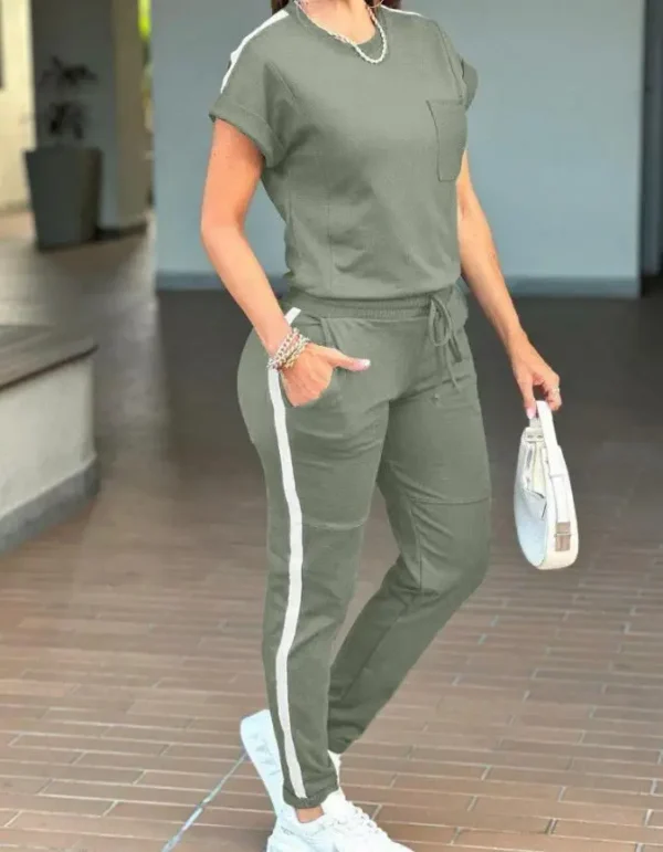 Women's Sports Suits 2025 Spring Summer 2 Pieces Outfit Contrast Paneled Round Neck Short Sleeve Top Pocket Drawstring Pants Set - Image 3