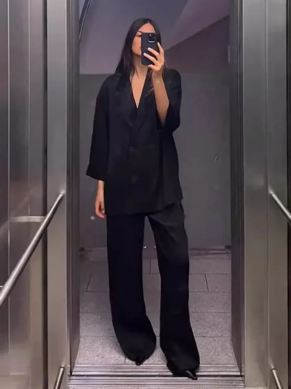 2024 Autumn Women Casual Blazer Coat Pants Set Long Sleeve Double Breasted Blazer + Wide Leg Trousers Lady Office Outfit - Image 2