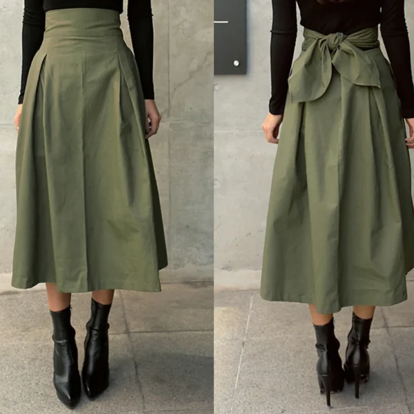 Skirts Womens Korean Fashion Solid Color Big Swing Ladies Skirt Long Skirt 2025 Autumn Wild High Waist Bow Slim Skirts - Image 6