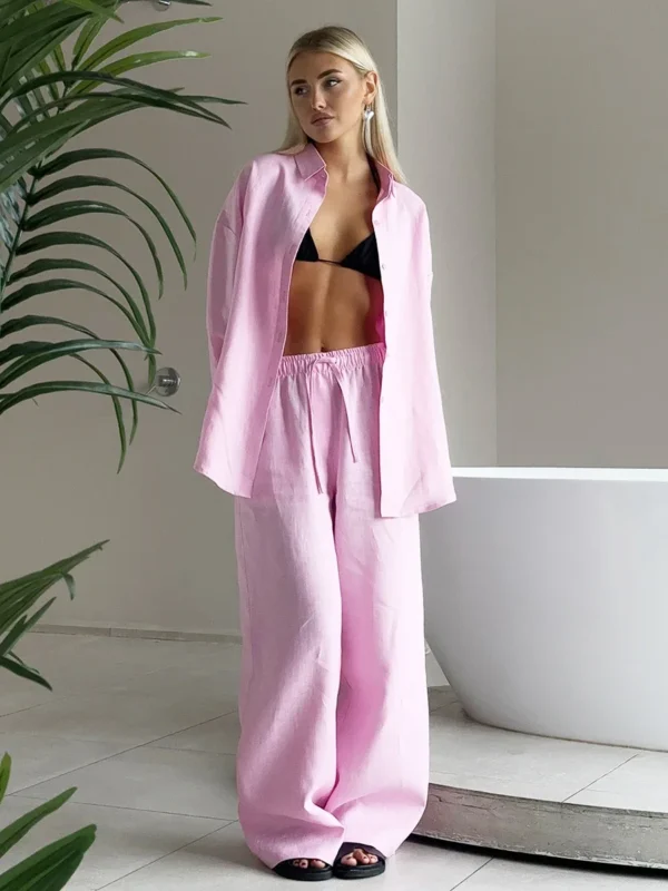 Women's Casual Solid Cotton Linen Pant Sets Chic Laple Single Breasted Long Sleeve Shirt Elasticity Waist Pant New Two Piece Set - Image 6