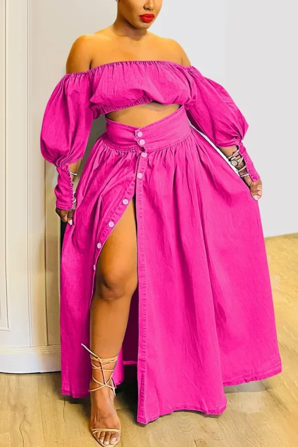 Plus Size Women's Casual Off The Shoulder Split Button Two Pieces Demin Skirt Set Lantern Sleeve Vintage Crop Top Matching Set - Image 2