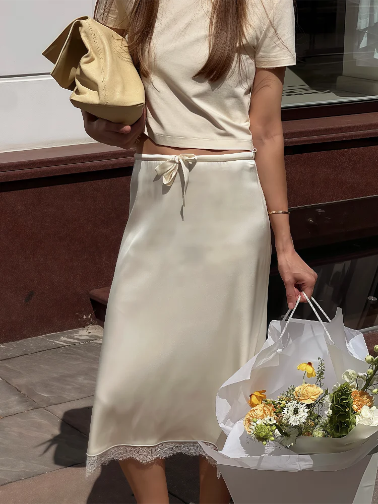 Absobe Women's Lace Patchwork Midi Straight Skirt Satin Drawstring Lacing Loose Long Skirt Contrast Casual Commuter Streetwear