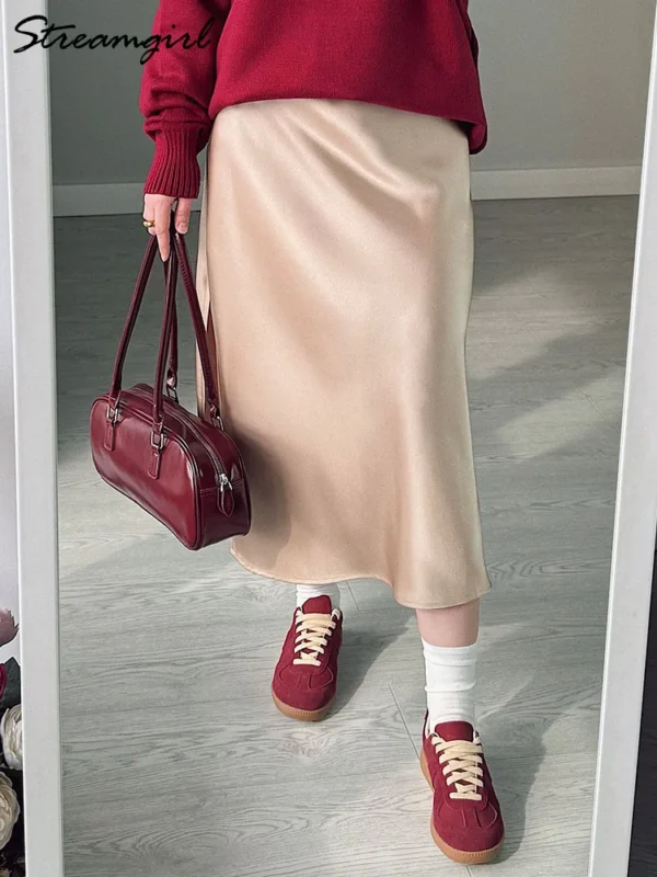 Streamgirl Office Black Midi Skirts For Women High Waist Elegant Silk Skirt Ladies Solid Women Satin Skirt With Slit On The Side - Image 2