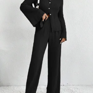 2 Pieces Set Women's Solid Button Front Shirt & Wide Leg Pants Two-piece Set, Long Sleeve Collared Top & Pocket Trousers