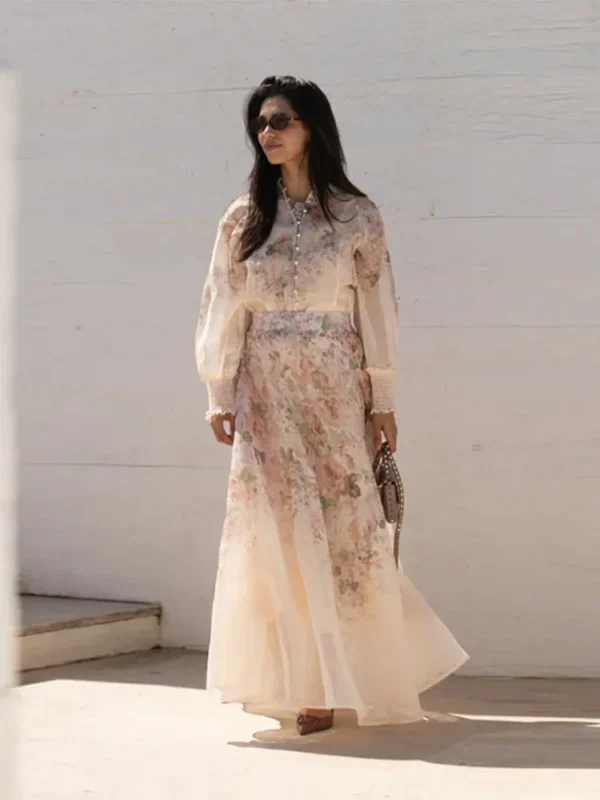 Elegant Print Long Skirt Set Women Loose Floral Button Long Sleeve Shirt Pleated A-line Skirts 2025 Autumn Party Lady Outfit - Image 4