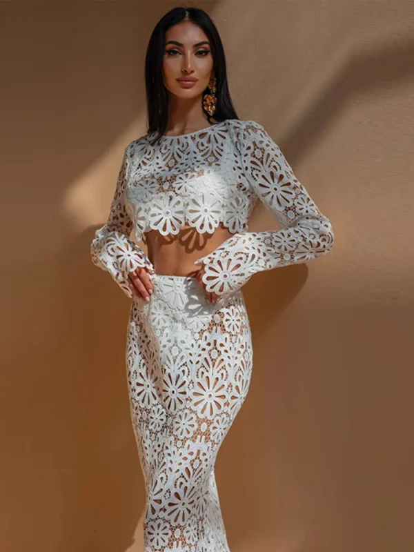 Elegant See Through Crochet Top Women Set Hallow Out Flare Long Sleeve Top Slim Empire Hip Package Skirts 2025 Summer Lady Set - Image 3