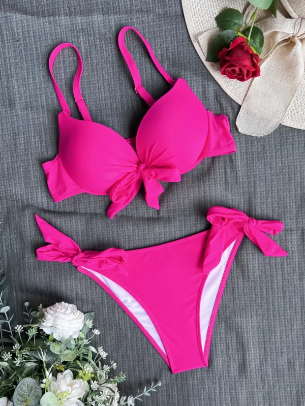 front bow knot push up bikinis two pieces solid swimsuit tie bikini swimsuit Swimwear Biquini conjunto de bikini tankini - Image 5