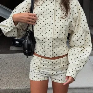 Polka Dots Print Jacket Shorts Set Women's Casual Full Sleeve Zipper Stand Collar Coat Slim Short Pants 2025 Autumn New Outfit