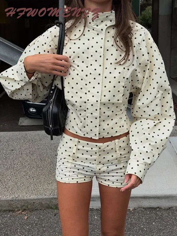 Polka Dots Print Jacket Shorts Set Women's Casual Full Sleeve Zipper Stand Collar Coat Slim Short Pants 2025 Autumn New Outfit