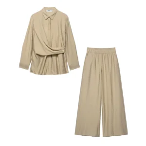 TRAF Wide Leg Pants 2 Pieces Sets For Women Long Sleeve Shirts Elastic Waist Trousers Women's Suit Casual Set Woman Outfits
