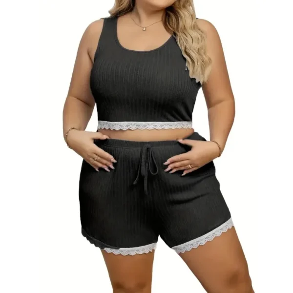Plus Size 1XL-5XL New Women's Fashion Pajama Set with Tank Top and Shorts Sexy Lace-Inspired Sleepwear Casual Outfit - Image 3