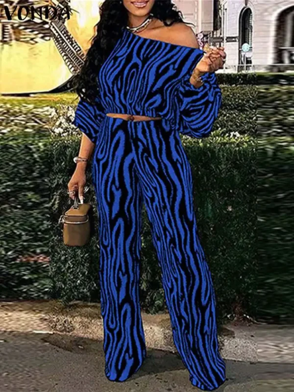 Plus Size VONDA Bohemian Pant Sets Autumn Zebra-stripe Printed 2PCS Long Sleeve Skew Collar Top and High Waist Pants Casual Sets - Image 3