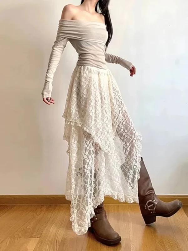 Sexy Lace Irregular Asymmetrical Skirt Fairycore Women Vintage Y2K Boho Aesthetic High Waist Mid Skirts Lady Holiday Outfits - Image 3