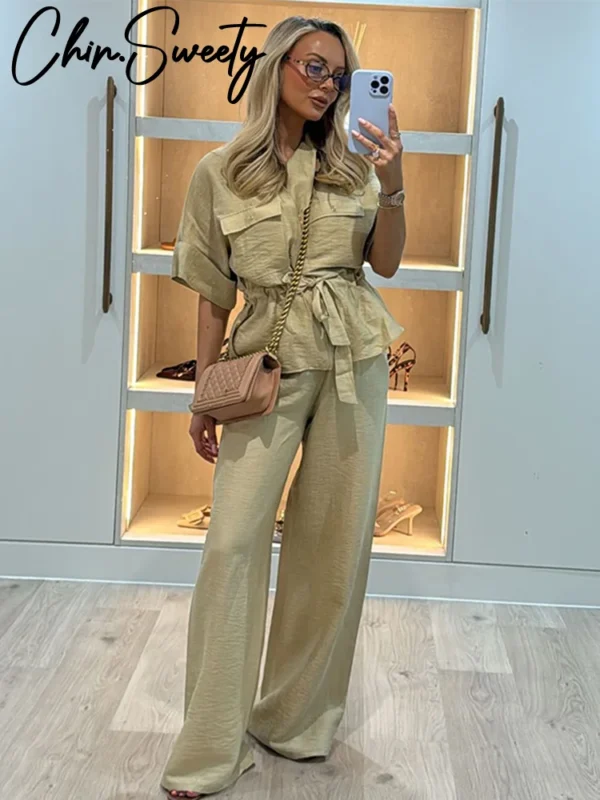 Casual Coat Pant Set Women Loose Zipper V-neck Lace Up Pleat Top Wide Leg Trousers Suit 2025 Summer Lady 2 Pieces Outfits New - Image 2