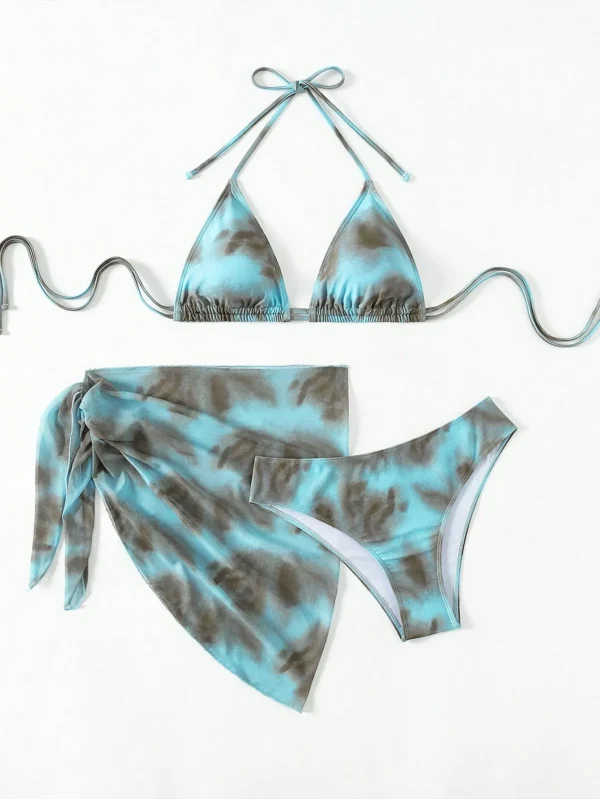 Women's 3 Piece Gradient Tie Dye Bathing Suit Lace Up High Cut Bikini with Beach Skirt - Image 2