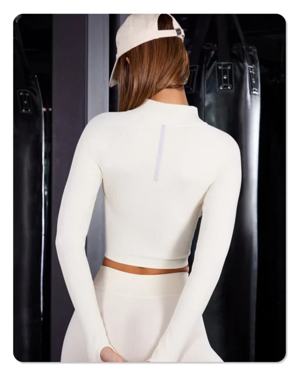 New seamless knit yoga wear women's set Oblique shoulder sports bra High waist hip lift shorts ribbed long sleeve pants - Image 5