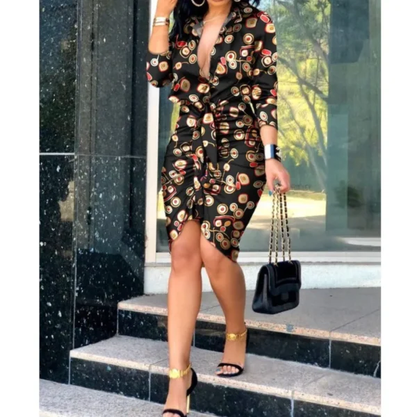 Summer Autumn New Elegant Ladies's Dress 2024 V-neck Strap Solid Color Elastic Waist Bag Hip Printed Long Sleeve Shirt Dress - Image 3
