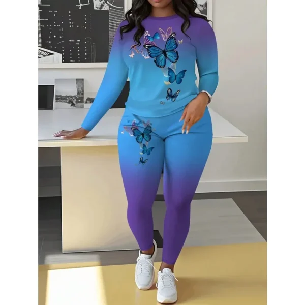 Plus Size Women's Fashion 2-piece Set Long Sleeved T-shirt & Printed Pant Suit Ladies Casual Butterfly Printed Long Pant Sets