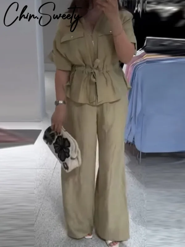 Casual Coat Pant Set Women Loose Zipper V-neck Lace Up Pleat Top Wide Leg Trousers Suit 2025 Summer Lady 2 Pieces Outfits New - Image 5