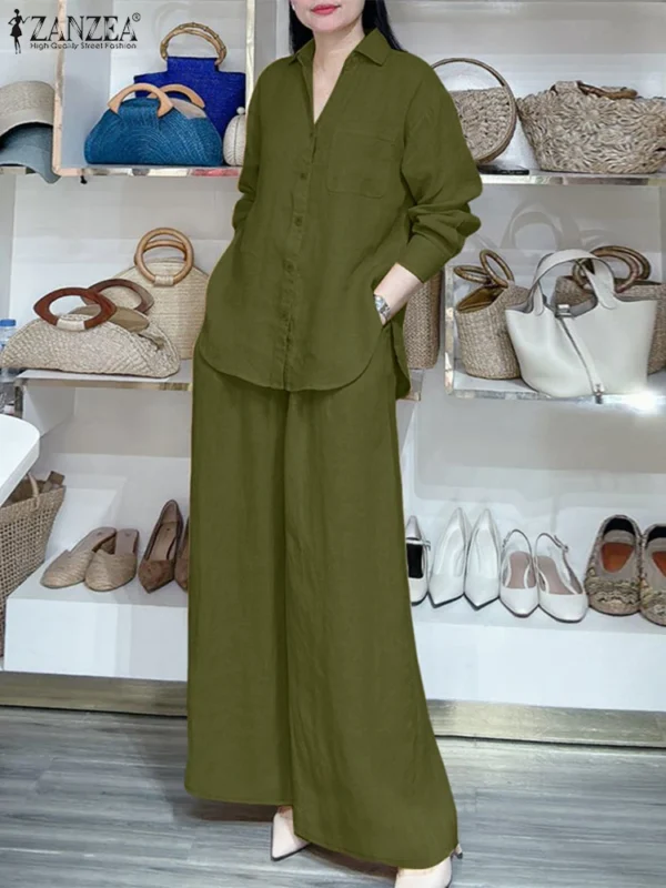 2025 ZANZEA Fashion Autumn Two Pieces Sets Women Oufits Office Pant Sets Elegant Tracksuits Long Sleeve Shirts Wide Leg Trousers