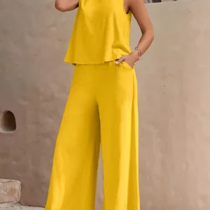 Plus Size1XL-5XL Women's Fashion Women's Stylish Red Sleeveless Top & Wide-Leg Pants Set Ladies Spring/Summer Casual Wear