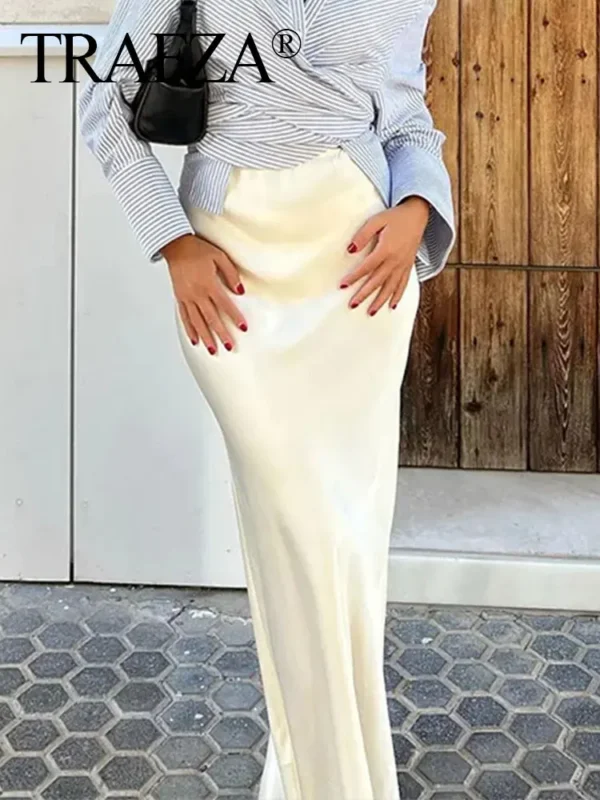 TRAFZA 2024 Y2K Casual Women Long Skirt Spring Elastic High Waisted A-Line Casual Female Satin Skirts High Street Lady Skirts - Image 6