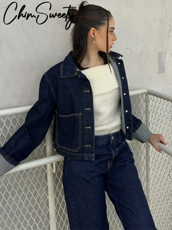 Denim Skirt Women Set Casual Long Sleeve Lapel Pocket Button Jacket Pleated Min Skirts 2025 Autumn New Lady Suit - Image 4