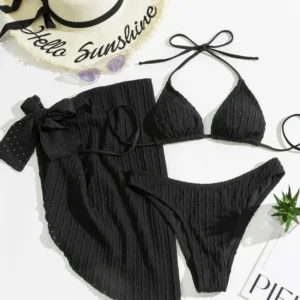 2025 New Women Bikini 3 Piece Set  Mesh Elastic Fabric Green White Black Yellow Lace Up Swimwear Halter Bathing Suit