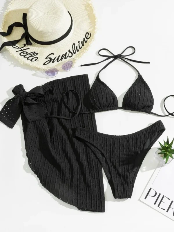 2025 New Women Bikini 3 Piece Set  Mesh Elastic Fabric Green White Black Yellow Lace Up Swimwear Halter Bathing Suit