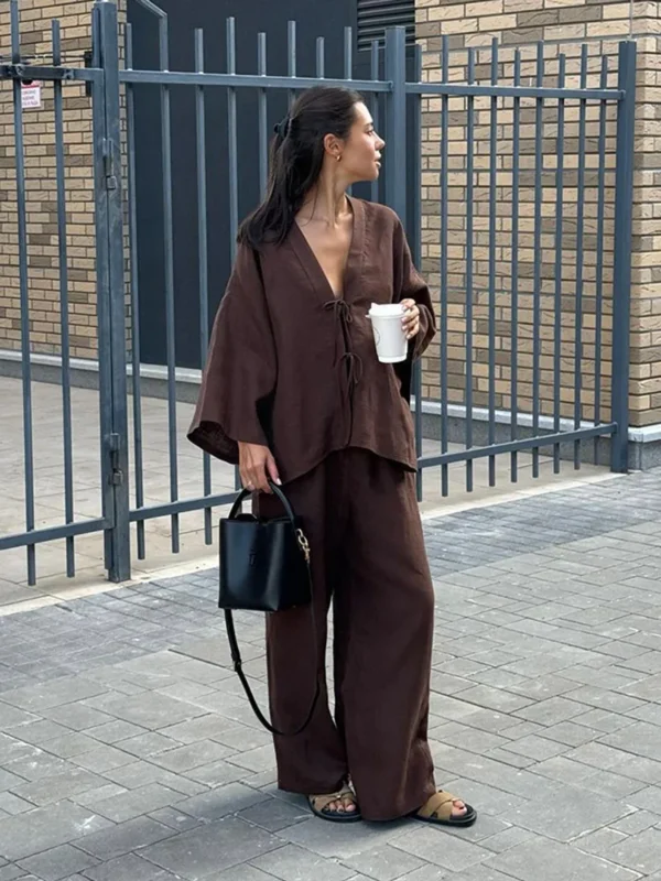 Casual Women Solid Cotton Linen Loose Shirt Pants Set Fashion Single Breasted Blouses Wide Leg Pants Suits Summer Lady Outfits - Image 4