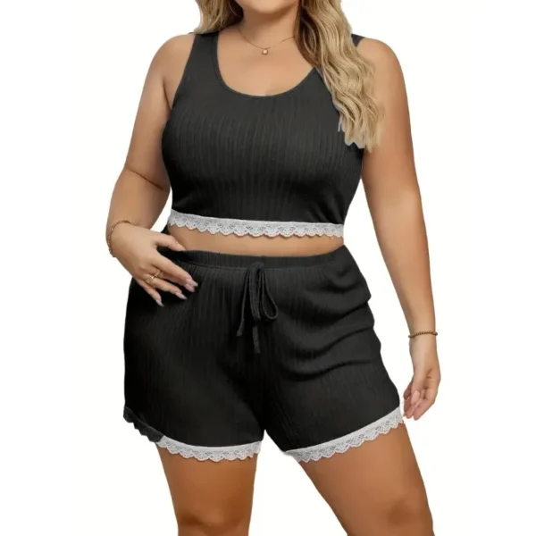 Plus Size 1XL-5XL New Women's Fashion Pajama Set with Tank Top and Shorts Sexy Lace-Inspired Sleepwear Casual Outfit - Image 2