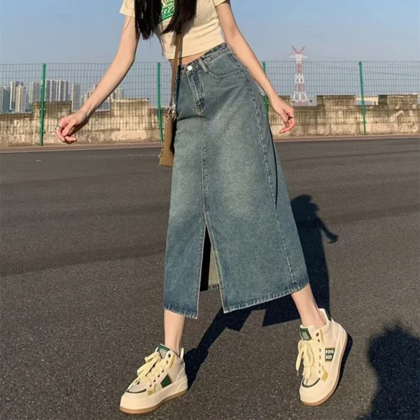 Summer New High-waist Slit Denim Skirt For Women Washed Retro A- line Skirt Hip-covering Straight Long Skirt - Image 5