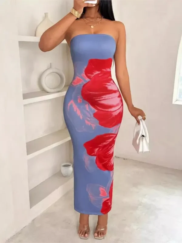 Elegant Fashionable Printed Long Dress New Summer Women's Sexy Slim Fit Chest Wrapped Off Shoulder Casual Dress - Image 3