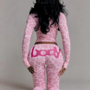 Weird Puss Letter Leopard Print 2 Piece Set Women Casual Zip Hooded Crop Jacke+Leggings Matching Stretch Sporty Street Outfits