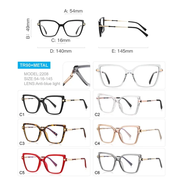 CLLOIO Premium Square Cat Eye Reading Glasses Fashion Women's Large Frame Myopia Glasses Anti Blue Light Prescription Eyeglasses - Image 5