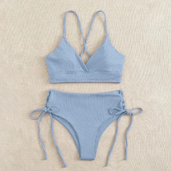 Solid Bikini Set Swimsuit Women V Neck Backless Lace Up High Cut Thong Split Bathing Suit 2025 New Beach Swimwear 2 Piece Sets - Image 5