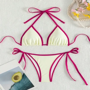 Yiiciovy Halter Bikini Set Women's 2 Piece Swimsuits Summer Contrast Line Triangle Thong Swimwear Brazilian Bathing Suits