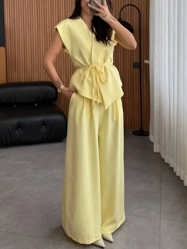 Casual Sleeveless V-neck Lace Up Vest Pant Set Women's High Waist Straight Wide Leg Long Pants Suit 2025 Summer Commute Outfits - Image 6