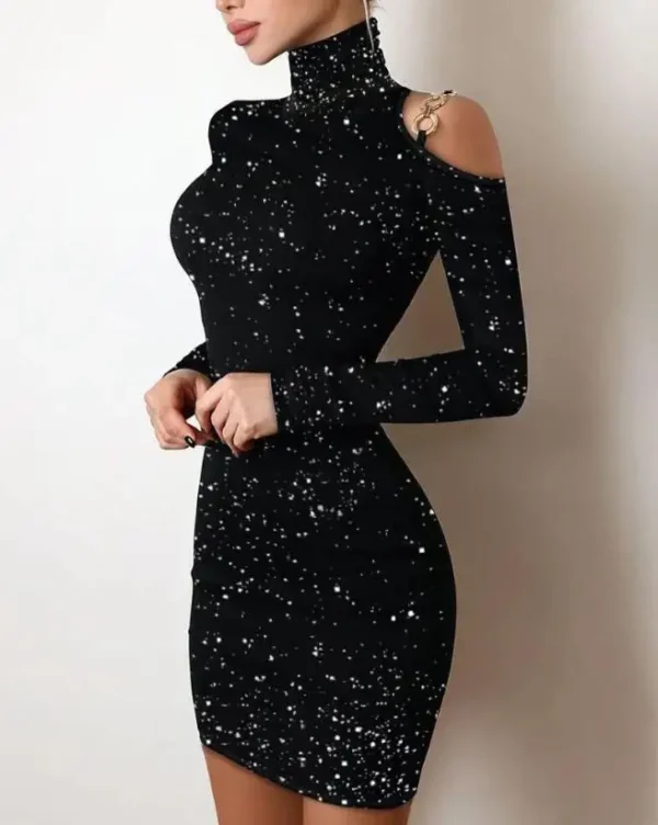 Dresses for Women 2022 Autumn Fashion Rhinestone Decor Sheer Mesh Mock Neck Plain Long Sleeve Skinny Sexy Mini Party Dress - Image 4