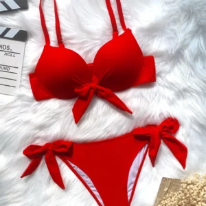 front bow knot push up bikinis two pieces solid swimsuit tie bikini swimsuit Swimwear Biquini conjunto de bikini tankini