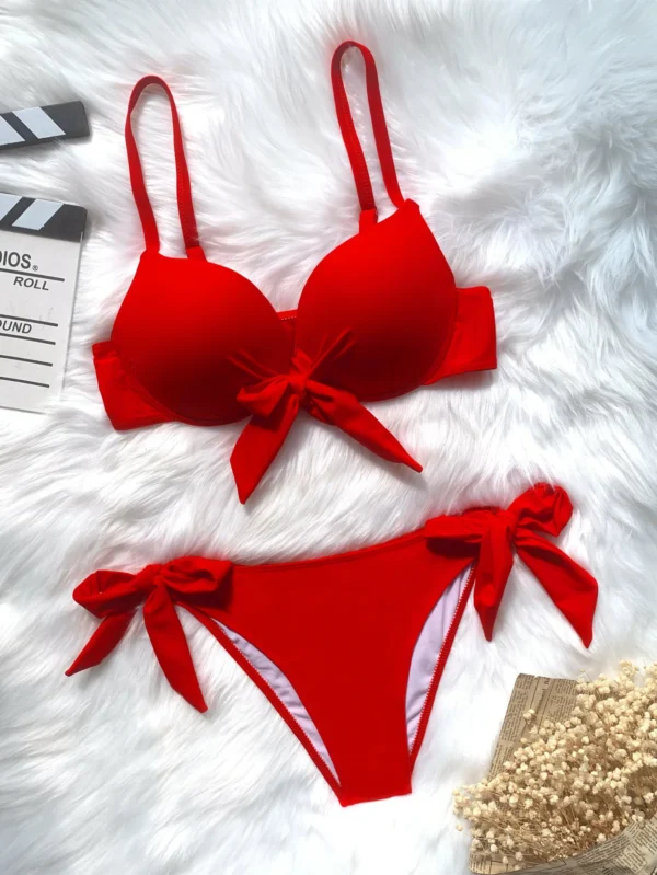 front bow knot push up bikinis two pieces solid swimsuit tie bikini swimsuit Swimwear Biquini conjunto de bikini tankini