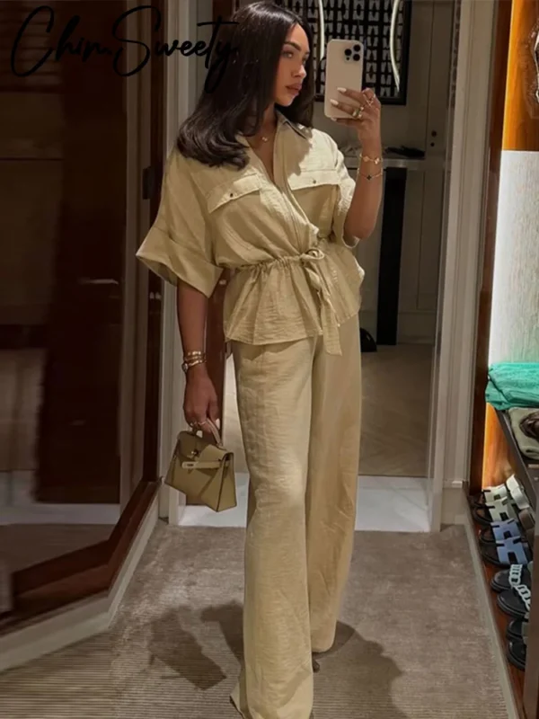Casual Coat Pant Set Women Loose Zipper V-neck Lace Up Pleat Top Wide Leg Trousers Suit 2025 Summer Lady 2 Pieces Outfits New - Image 3