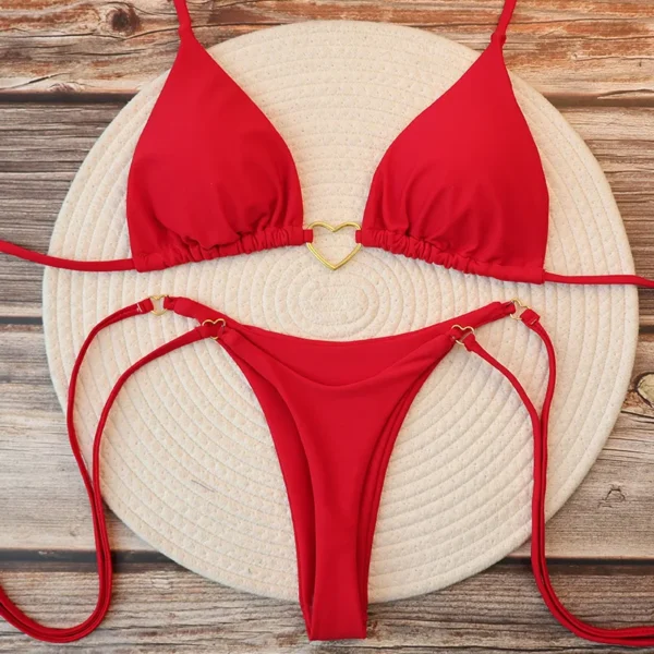 Women's  Bikini Set Halter Triangle Top Thong Bottom Two-Piece Swimsuit Heart Bathing Suit Summer Beach Swimwear