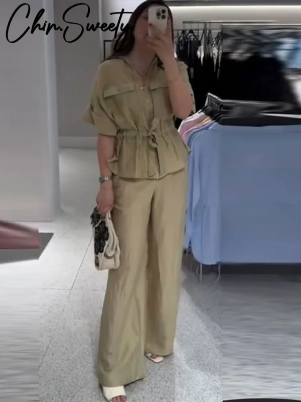 Casual Coat Pant Set Women Loose Zipper V-neck Lace Up Pleat Top Wide Leg Trousers Suit 2025 Summer Lady 2 Pieces Outfits New - Image 4