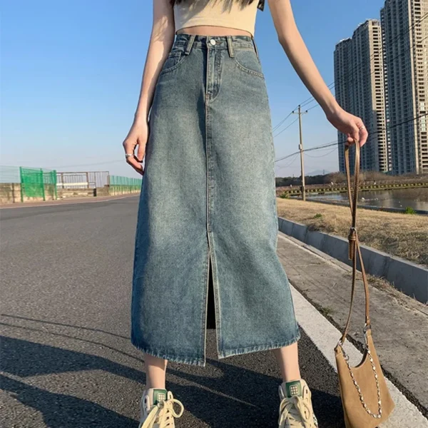 Summer New High-waist Slit Denim Skirt For Women Washed Retro A- line Skirt Hip-covering Straight Long Skirt - Image 2