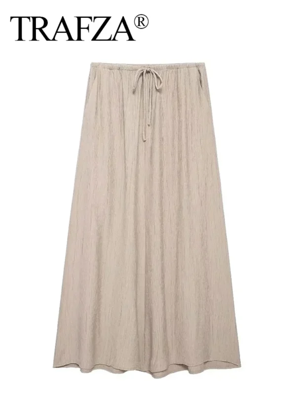 TRAFZA Women Casual Loose Midi Skirts Elegant Solid Drawstring A-Line Skirt 2024 Summer Female Fashion Streetwear - Image 3