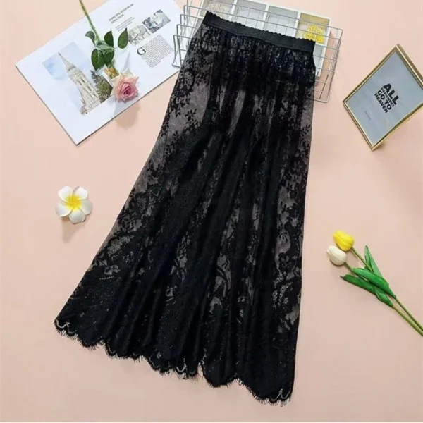 Transparent Elegant Black Lace Skirt High Waist Tulle Beach Dress Summer Sheer Y2K Mid Length Women's Comfort Cover Up Swimsuit - Image 5